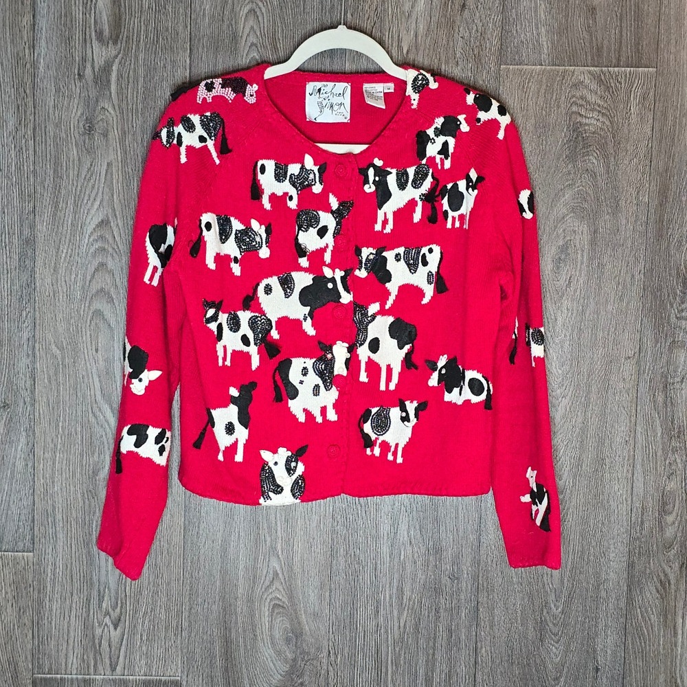 Michael Simon Cow Print Beaded Cardigan Medium Red Womens Vintage 1998 Sweater - Picture 2 of 11